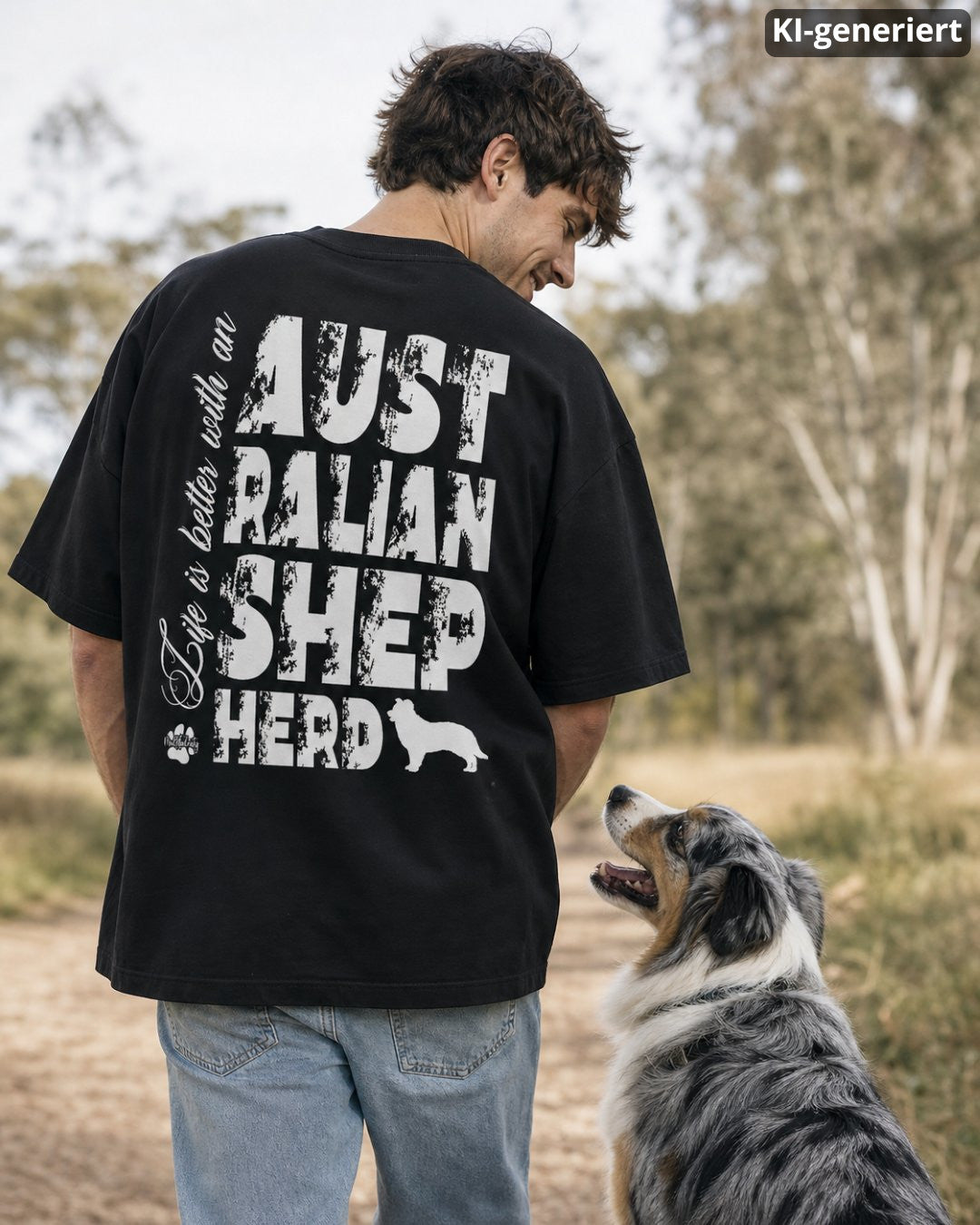 KI-generiertes Modelbild: Mann trägt schwarzes Shirt mit weißem „Life is better with an Australian Shepherd“-Rückendruck neben seinem Australian Shepherd.