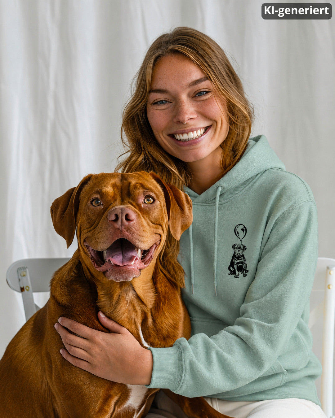 KI-generiertes Modelbild: Frau trägt Hoodie in Aloe mit kleinem Bordeauxdoggen-Ballon-Brustmotiv und sitzt neben einer Bordeauxdogge.