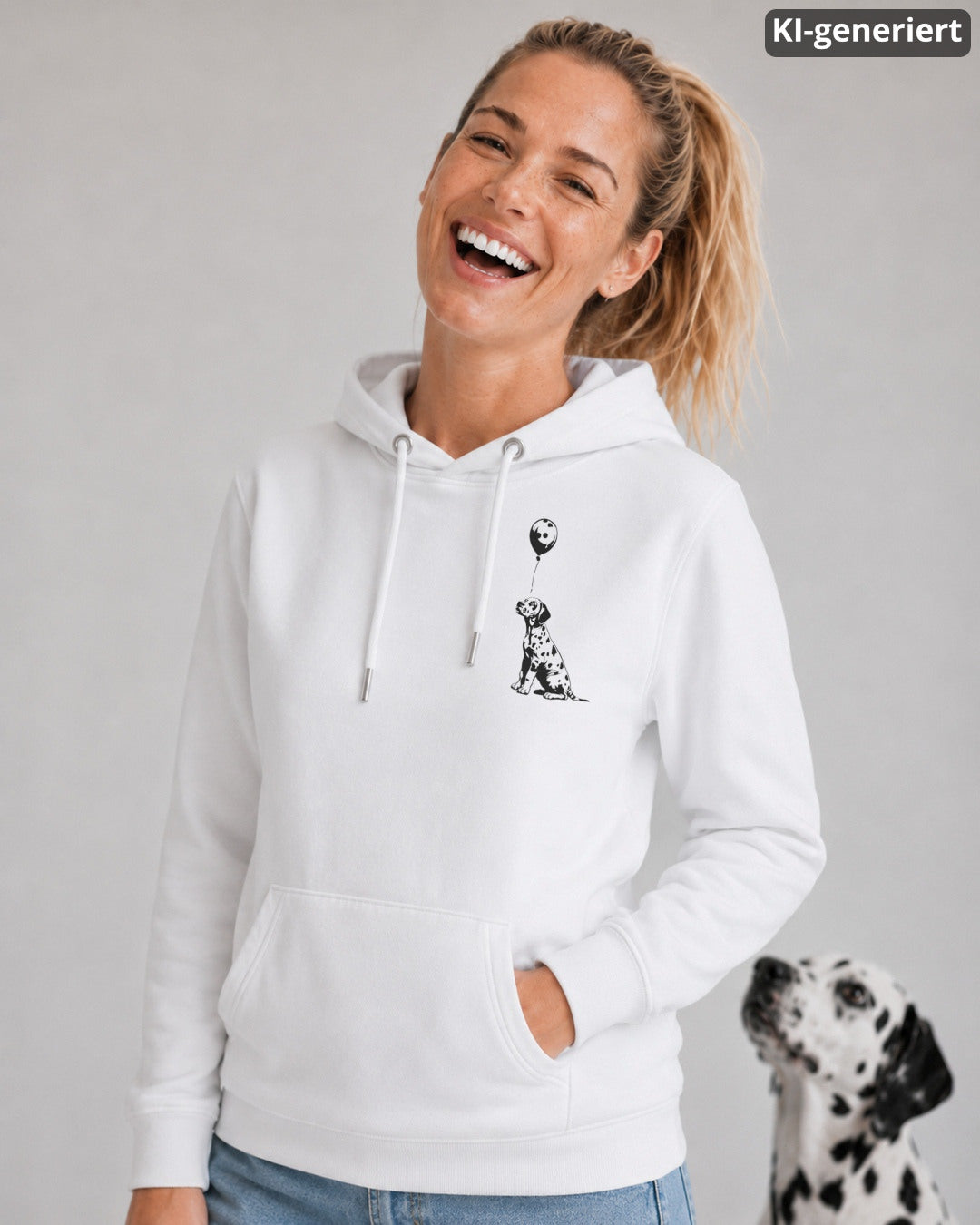 KI-generiertes Modelbild: Lachende Frau in weißem Hoodie mit kleinem Dalmatiner-Ballon-Brustmotiv, daneben ein Dalmatiner im hellen Studiohintergrund.