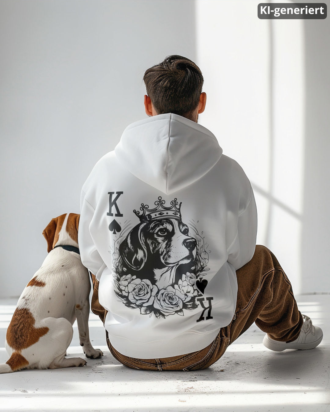 KI-generiertes Modelbild: Mann trägt weißen Oversized-Hoodie mit Beagle-Spielkarten-Rückendruck und sitzt neben einem Beagle.