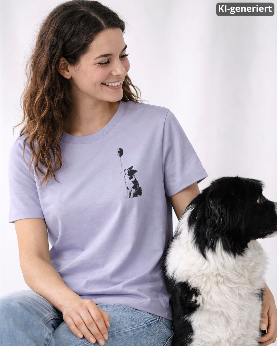 KI-generiertes Modelbild: Frau trägt lavenderfarbenes Shirt mit Border-Collie-Ballon-Brustmotiv und sitzt neben ihrem Border Collie.