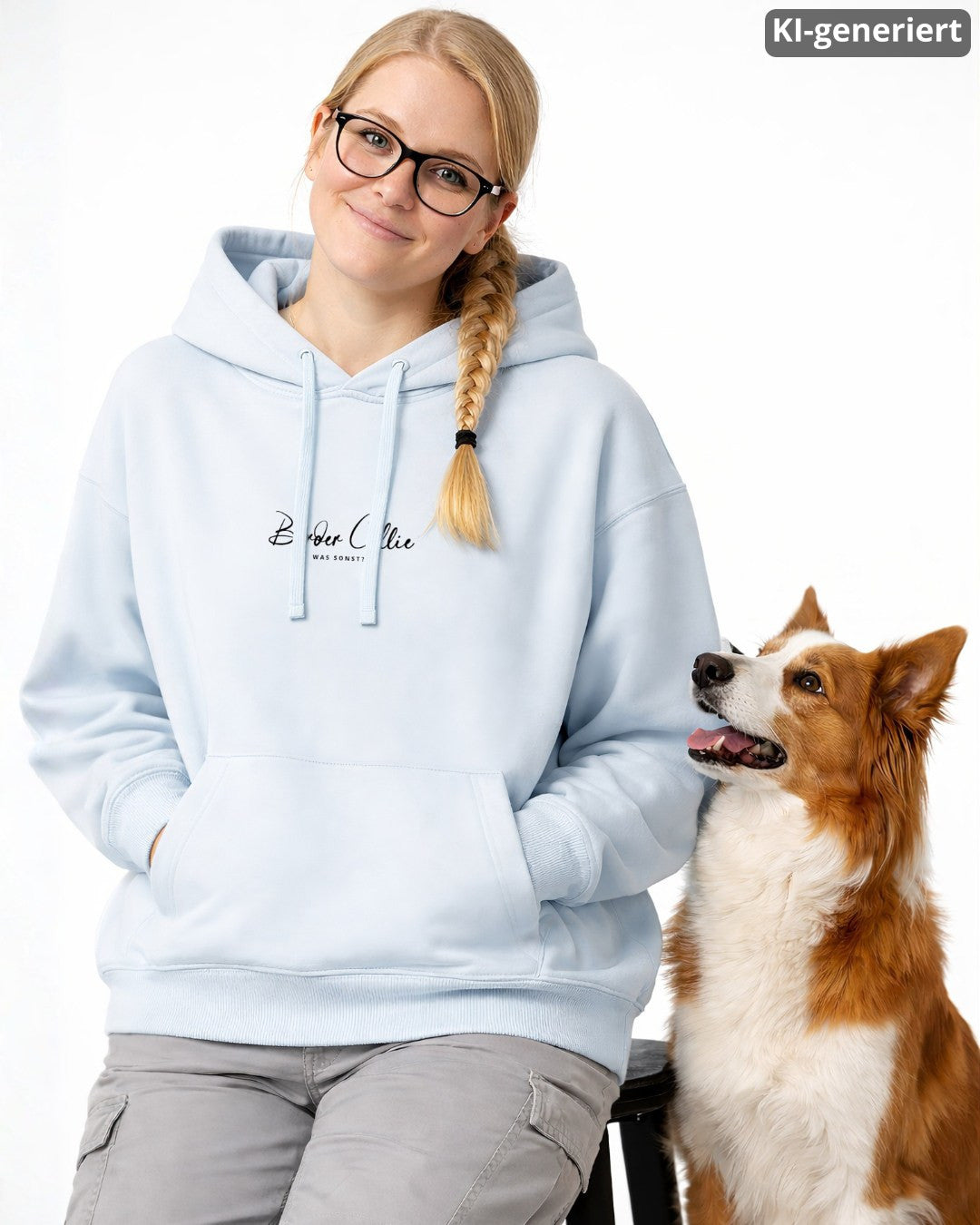 KI-generiertes Modelbild: Frau trägt Hoodie in Blue Ice mit Border-Collie-Brustmotiv und sitzt neben einem Border Collie.
