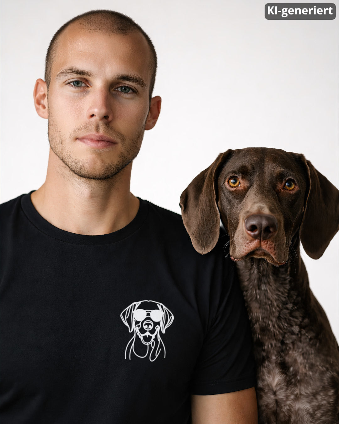 KI-generiertes Modelbild: Mann trägt schwarzes Shirt mit weißem Deutsch-Kurzhaar-Motiv mit Sonnenbrille und sitzt neben einem Deutsch Kurzhaar.