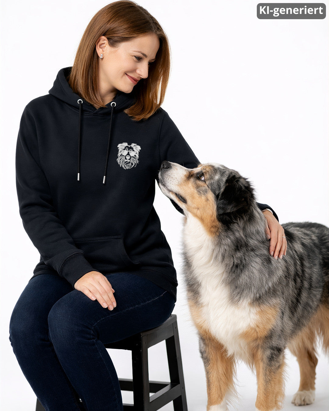 KI-generiertes Modelbild: Frau trägt schwarzen Hoodie mit Australian-Shepherd-Brustmotiv mit Sonnenbrille neben einem Australian Shepherd.
