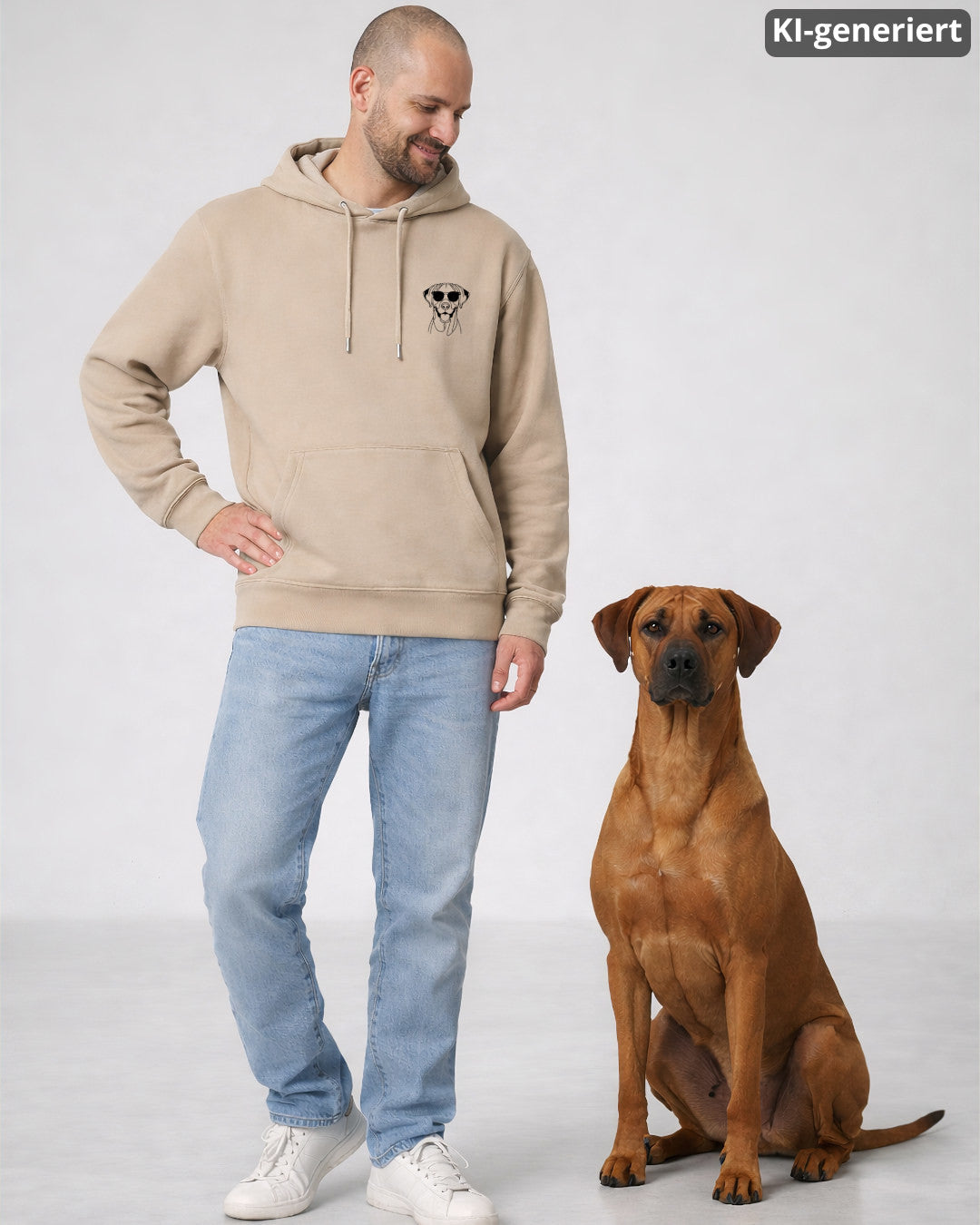 KI-generiertes Modelbild: Mann trägt Hoodie in der Farbe Desert Dust mit Rhodesian-Ridgeback-Brustmotiv mit Sonnenbrille neben einem Rhodesian Ridgeback.