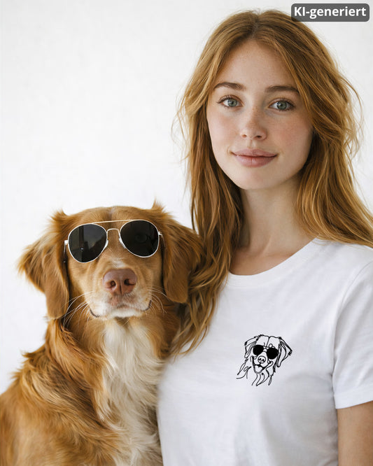 KI-generiertes Modelbild: Frau trägt weißes Shirt mit Toller-Brustmotiv mit Sonnenbrille neben einem Nova Scotia Duck Tolling Retriever.