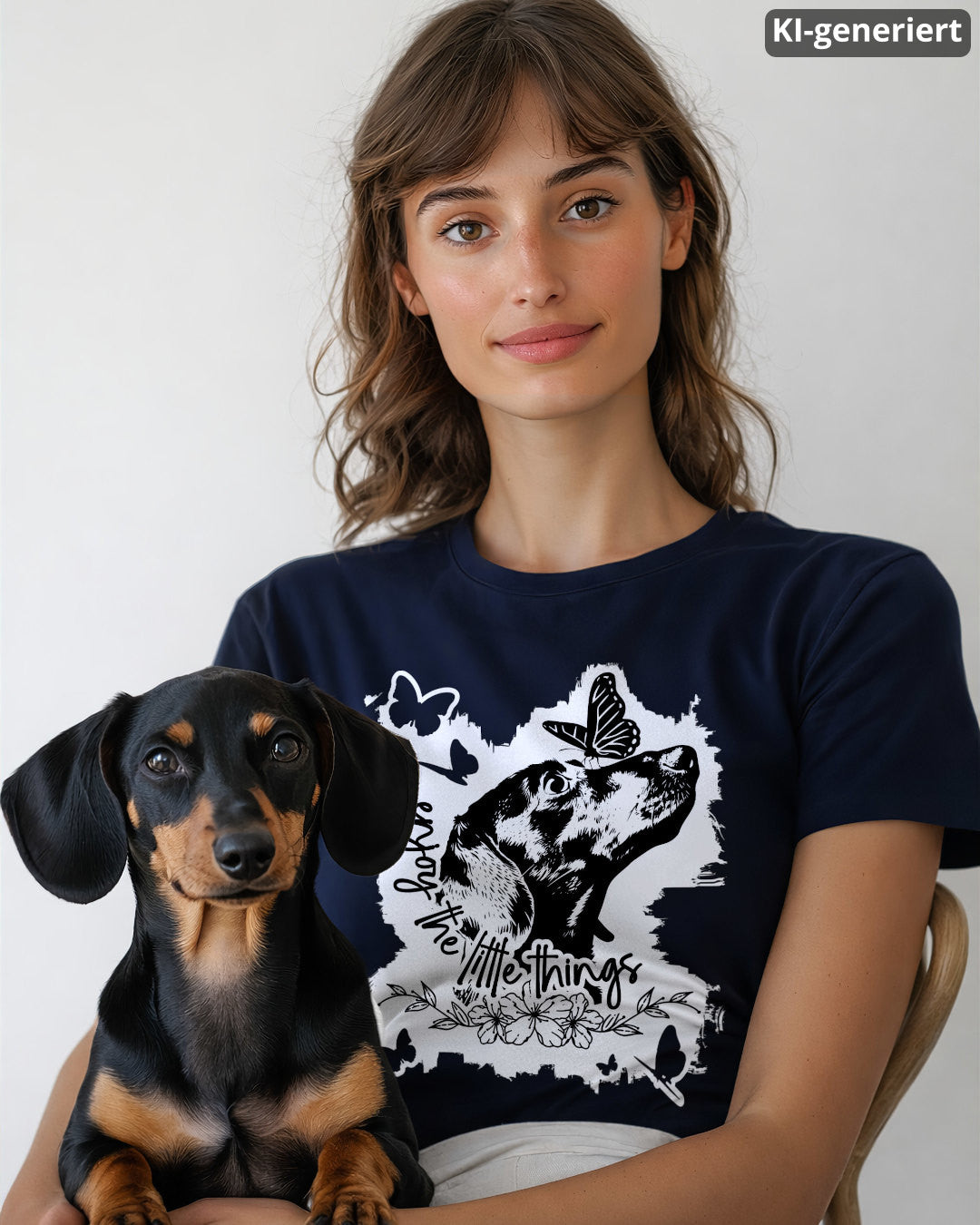 KI-generiertes Modelbild: Frau trägt Shirt in der Farbe french navy mit Dackel-Motiv „Enjoy the little things“ mit Schmetterlingen. Ein Dackel sitzt auf ihr.