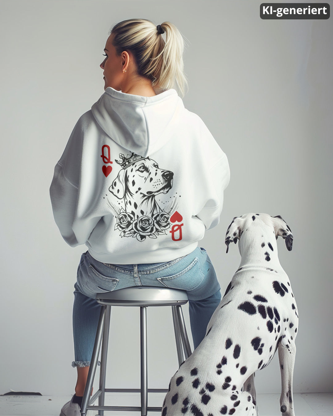 KI-generiertes Modelbild: Frau trägt weißen Oversized-Hoodie mit Dalmatiner-Spielkarten-Rückendruck und sitzt neben einem Dalmatiner.