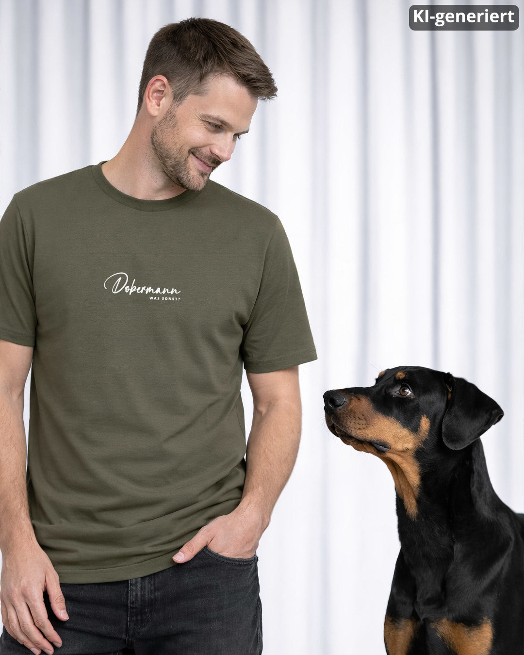 KI-generiertes Modelbild: Mann trägt khakifarbenes Shirt mit Dobermann-Schriftzug „Was sonst?“ und steht neben seinem Dobermann.