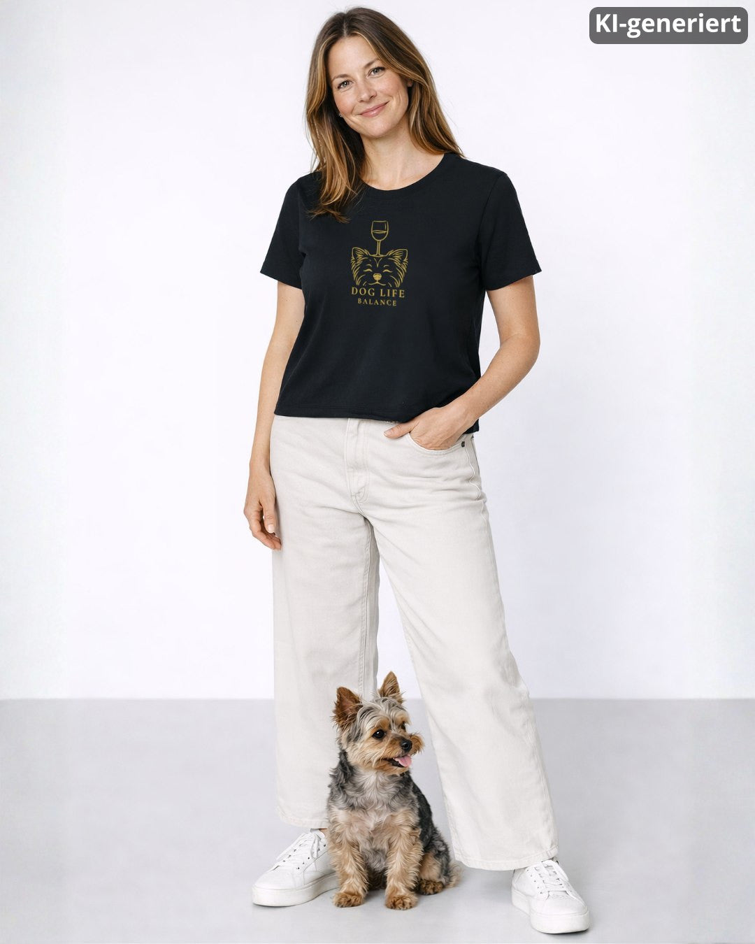 KI-generiertes Modelbild: Frau trägt schwarzes Shirt mit goldenem Dog-Life-Balance-Motiv mit Hundekopf und Weinglas neben einem Yorkshire Terrier.