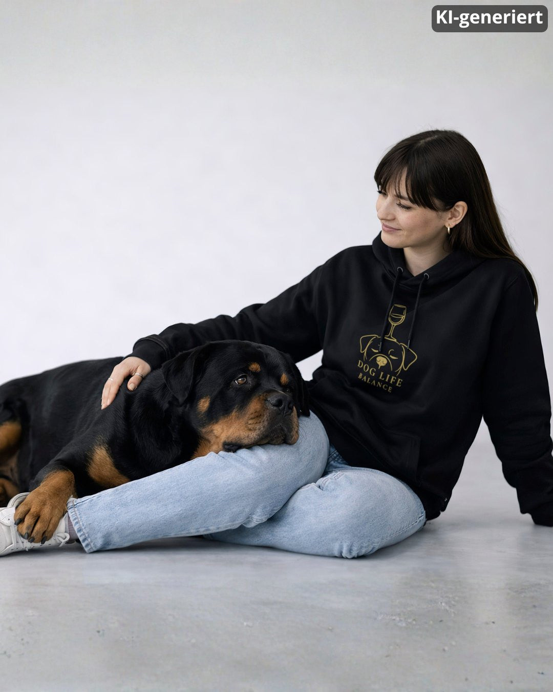 KI-generiertes Modelbild: Frau trägt schwarzen Hoodie mit goldenem Dog-Life-Balance-Motiv mit Hundekopf und Weinglas neben einem Rottweiler.