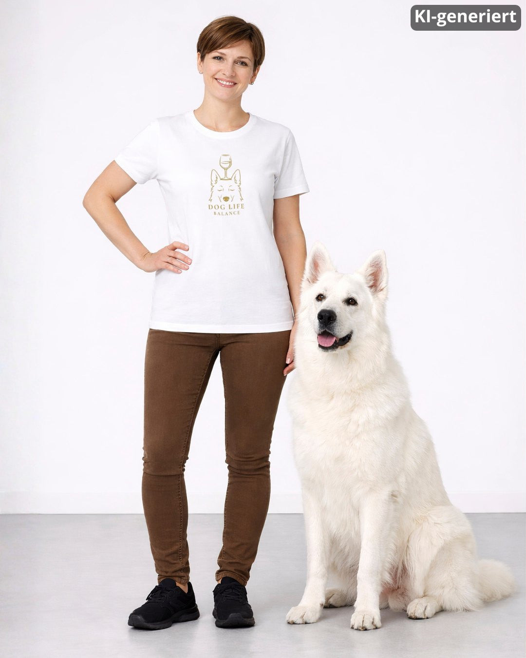 KI-generiertes Modelbild: Frau trägt weißes Shirt mit goldenem Dog-Life-Balance-Motiv mit Berger-Blanc-Suisse-Kopf und Weinglas neben einem Berger Blanc Suisse.