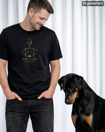 KI-generiertes Modelbild: Mann trägt schwarzes Shirt mit goldenem Dog-Life-Balance-Motiv mit Dobermann-Kopf und Weinglas neben einem Dobermann.