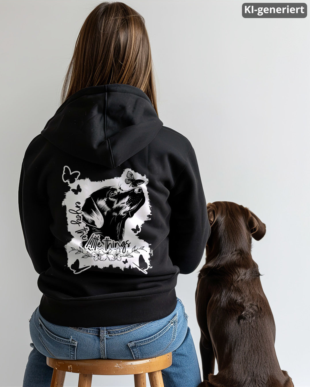 KI-generiertes Modelbild: Frau von hinten trägt schwarzen Hoodie mit Rückenmotiv „enjoy the little things“ und sitzt neben einem Labrador.