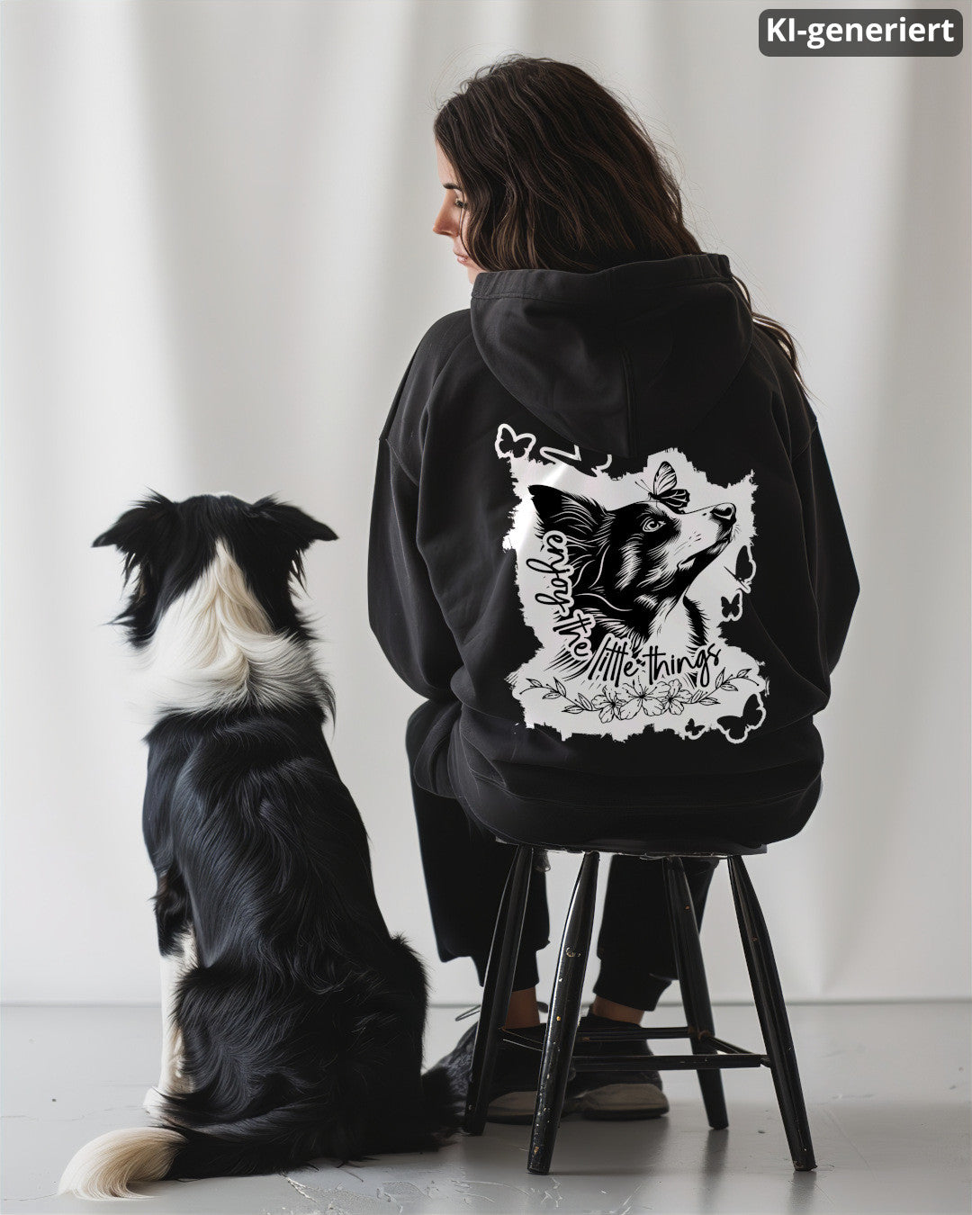 KI-generiertes Modelbild: Frau von hinten trägt schwarzen Oversized Hoodie mit Rückenmotiv „enjoy the little things“ und sitzt neben einem Border Collie.