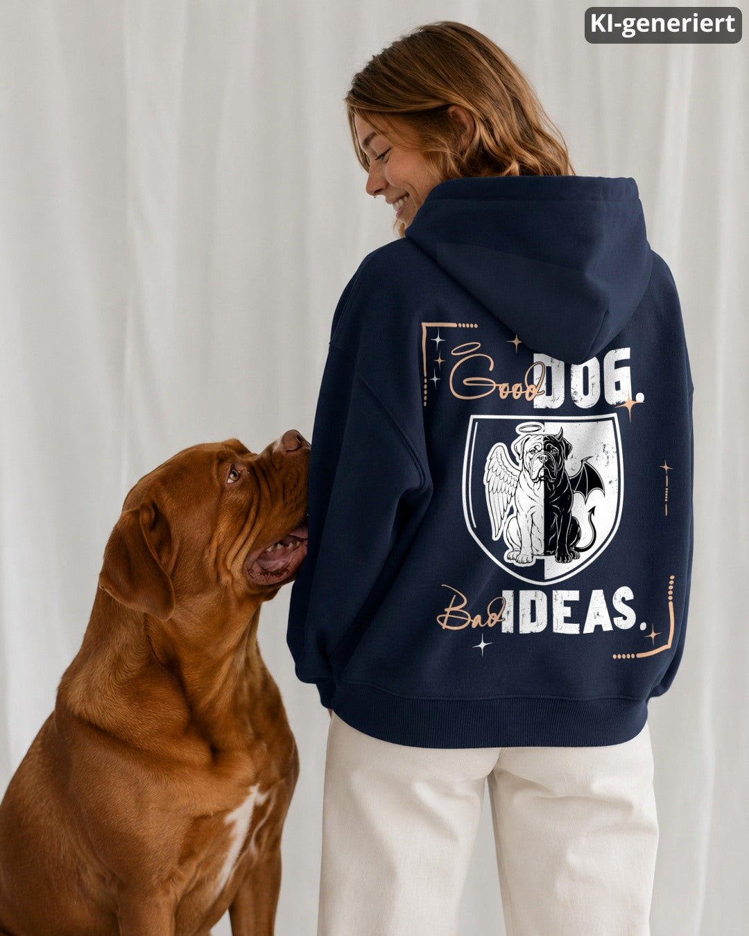 KI-generiertes Modelbild: Frau im Oversized Hoodie in French Navy mit großem Backprint-Motiv „Good Dog Bad Ideas“, neben ihr sitzt eine Bordeauxdogge und schaut zu ihr hoch.