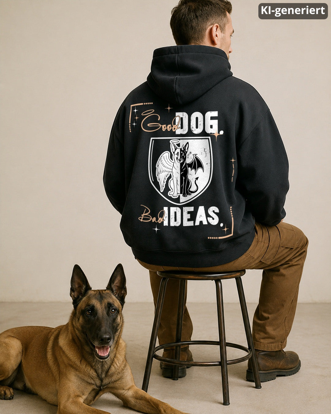 KI-generiertes Modelbild: Mann im schwarzen Oversized Hoodie mit großem Backprint-Motiv „Good Dog Bad Ideas“, neben ihm liegt ein Malinois im Studio.