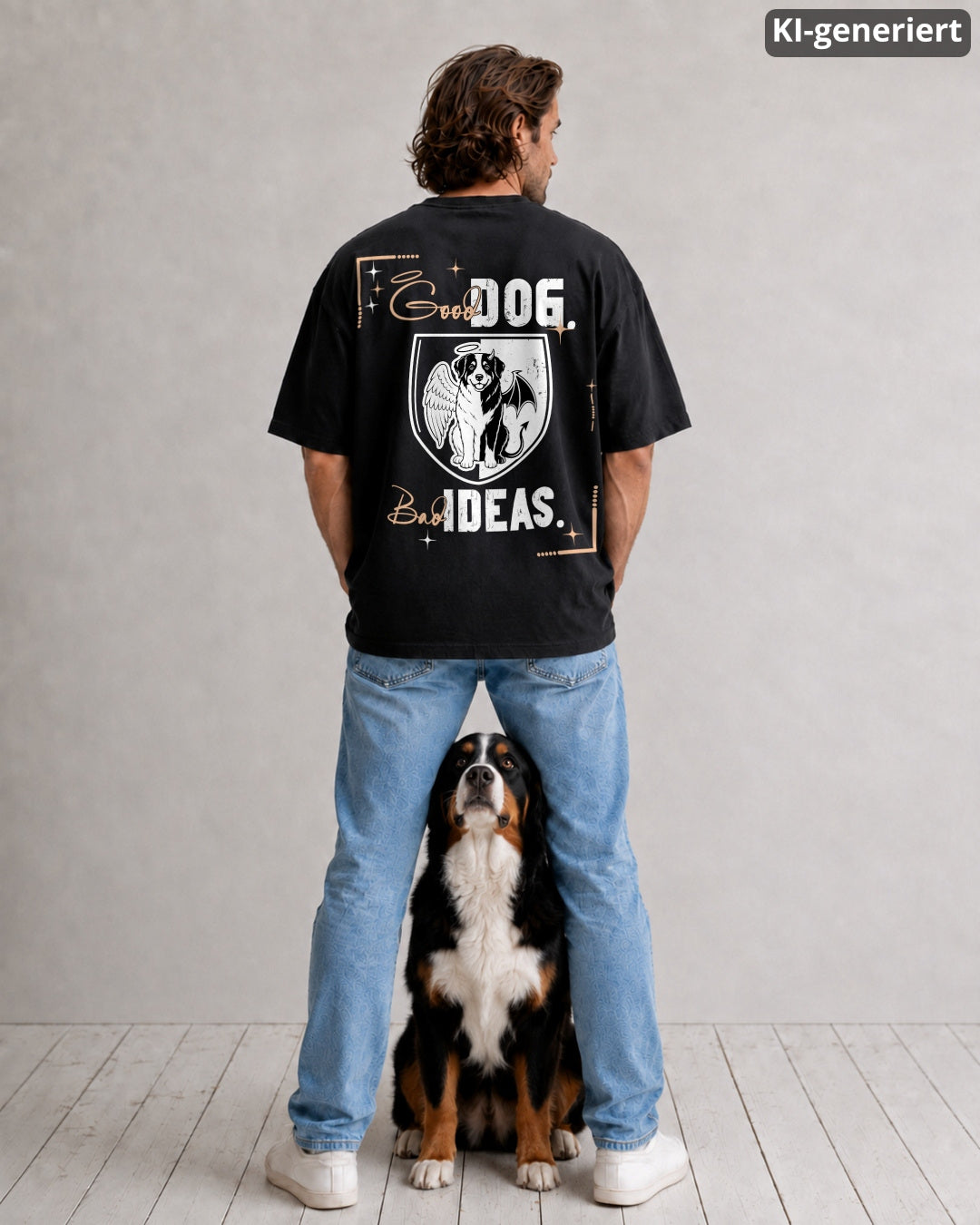 KI-generiertes Modelbild: Mann im schwarzen Oversized Shirt mit großem Backprint-Motiv „Good Dog Bad Ideas“, zwischen seinen Beinen sitzt ein Berner Sennenhund.