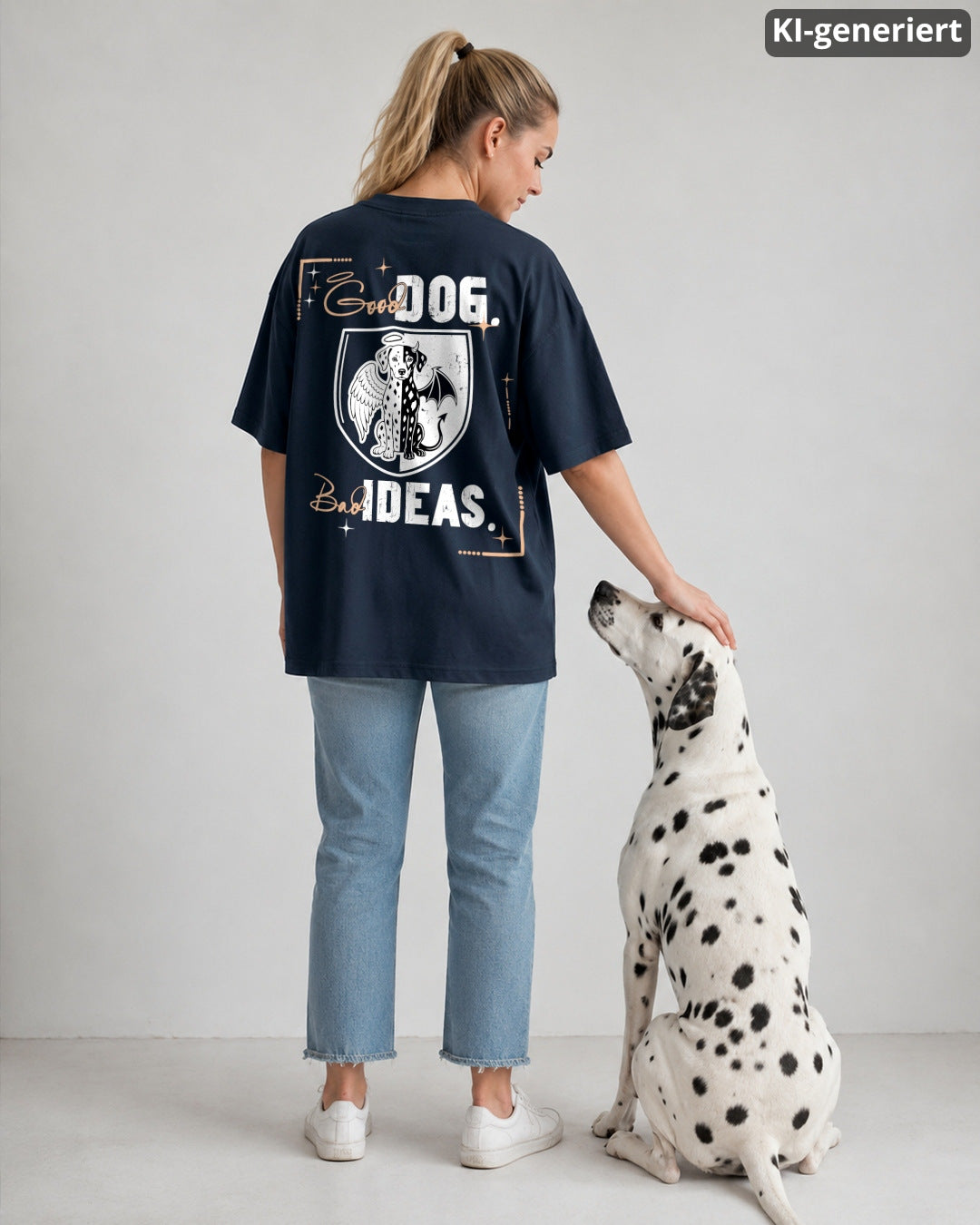 KI-generiertes Modelbild: Frau im Oversized Shirt in French Navy mit großem Backprint-Motiv „Good Dog Bad Ideas“, neben ihr sitzt ein Dalmatiner und schaut zu ihr hoch.