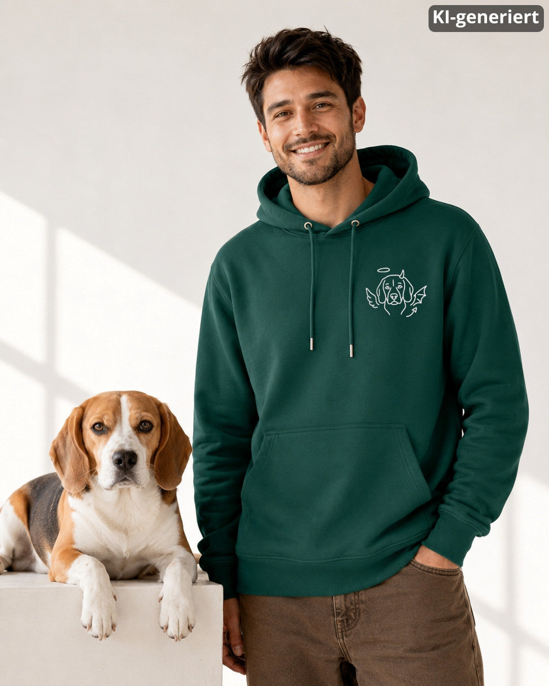KI-generiertes Modelbild: Mann im Hoodie Farbe Glazed Green mit kleinem Engelchen-Teufelchen-Beaglemotiv, daneben liegt ein Beagle auf einem weißen Podest.