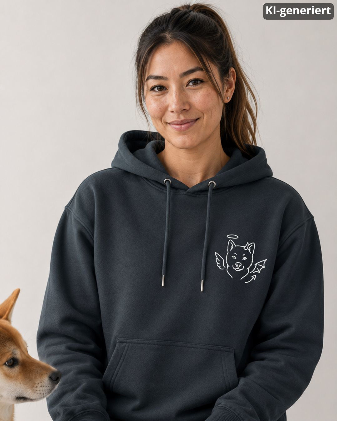 KI-generiertes Modelbild: Frau in dunkelgrauem Hoodie mit kleinem Engelchen-Teufelchen-Shiba-Inu-Motiv, daneben ist ein Shiba Inu angeschnitten zu sehen.