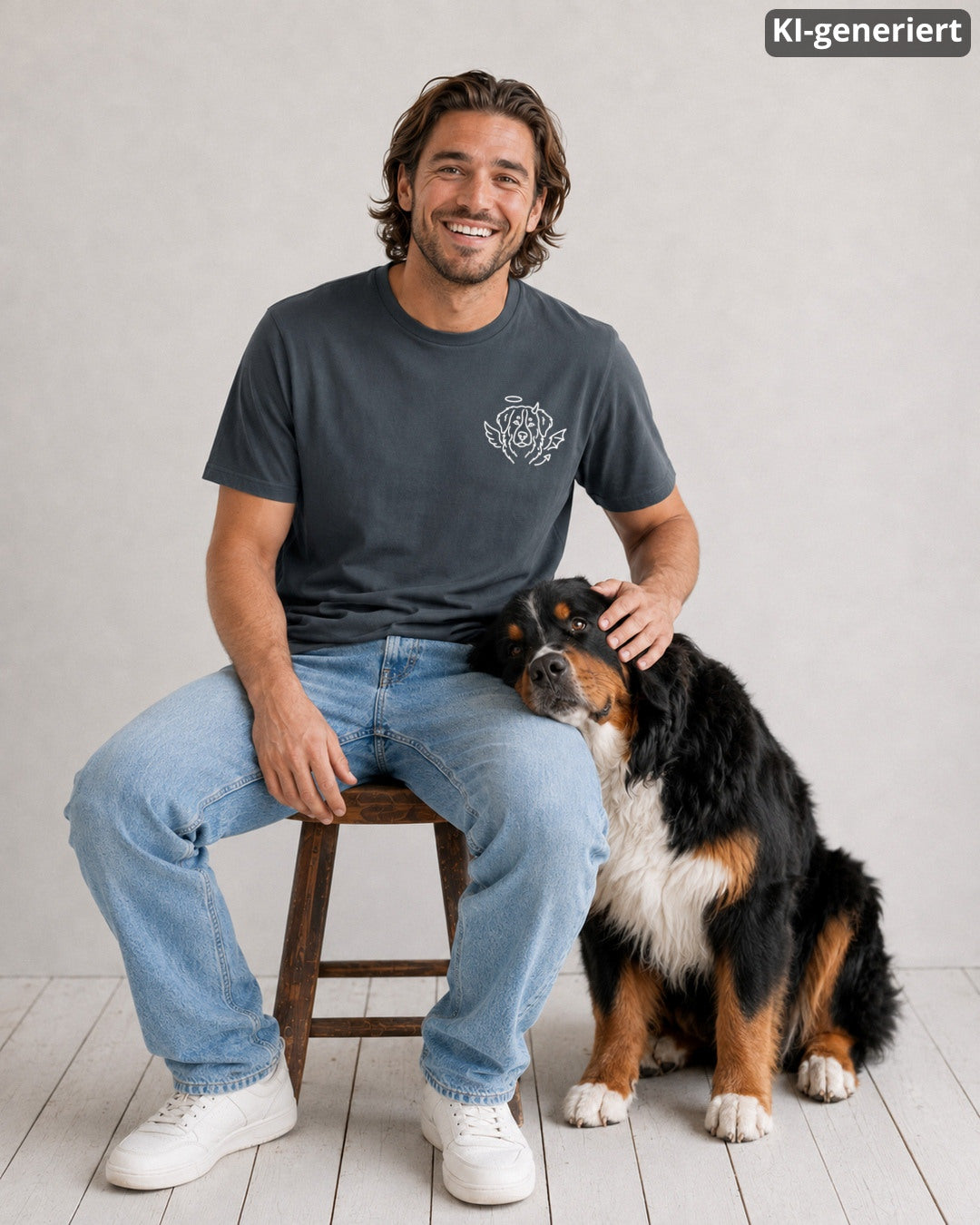 KI-generiertes Modelbild: Mann in dunkelgrauem T-Shirt mit kleinem Engelchen-Teufelchen-Hundemotiv, sitzend neben einem Berner Sennenhund.