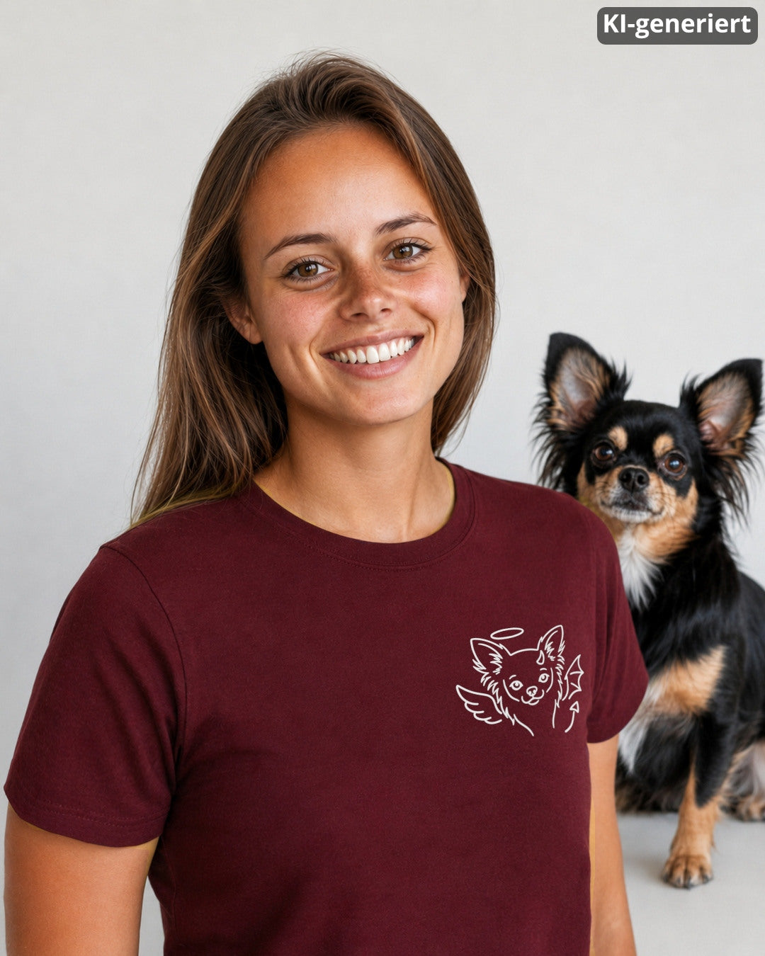 KI-generiertes Modelbild: Frau in Burgundy T-Shirt mit kleinem Engelchen-Teufelchen-Chihuahuamotiv, im Hintergrund sitzt ein Chihuahua.