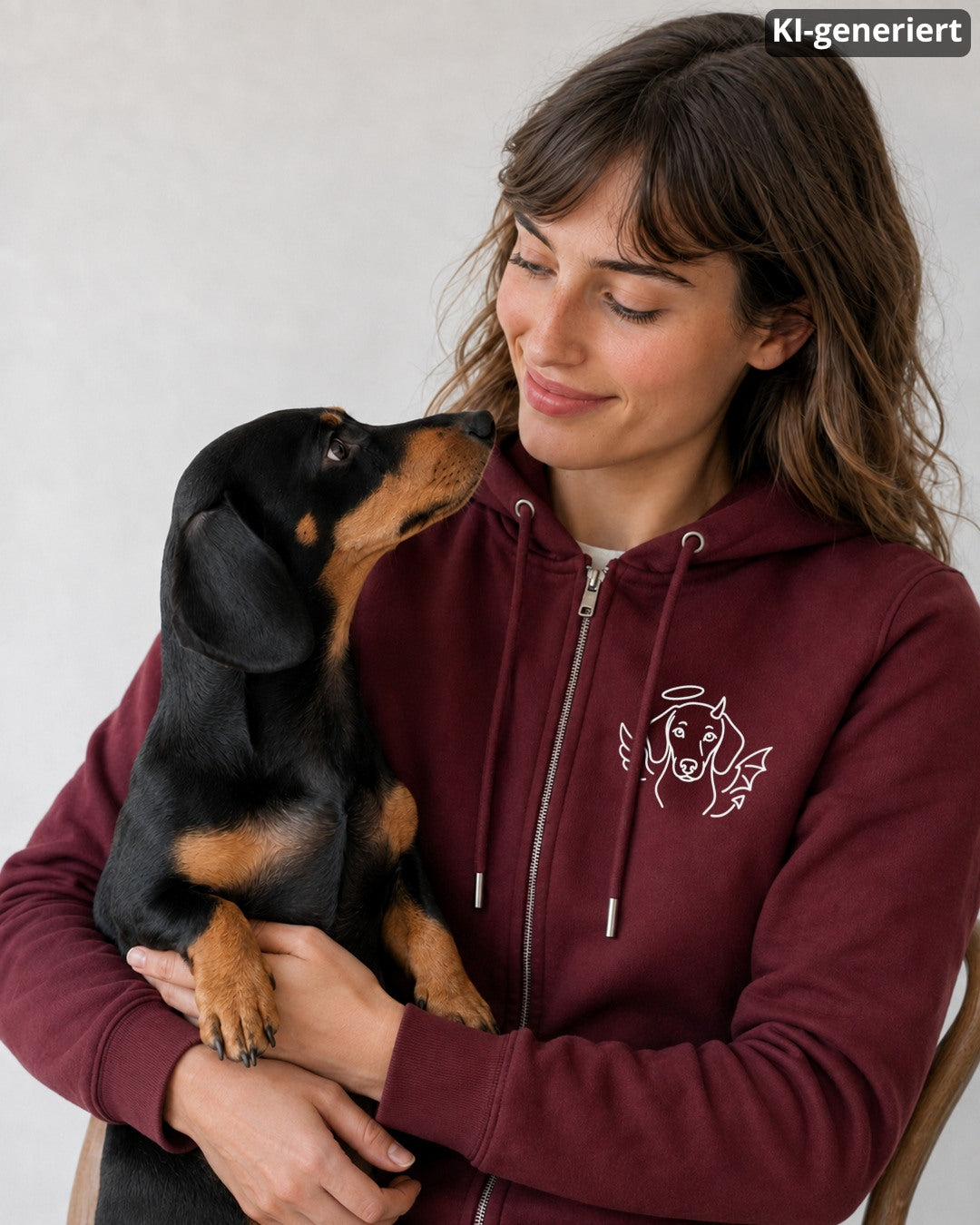 KI-generiertes Modelbild: Frau in Burgundy Zip-Hoodie mit Engelchen-Teufelchen-Dackelmotiv, die einen schwarz-braunen Dackel auf dem Arm hält.