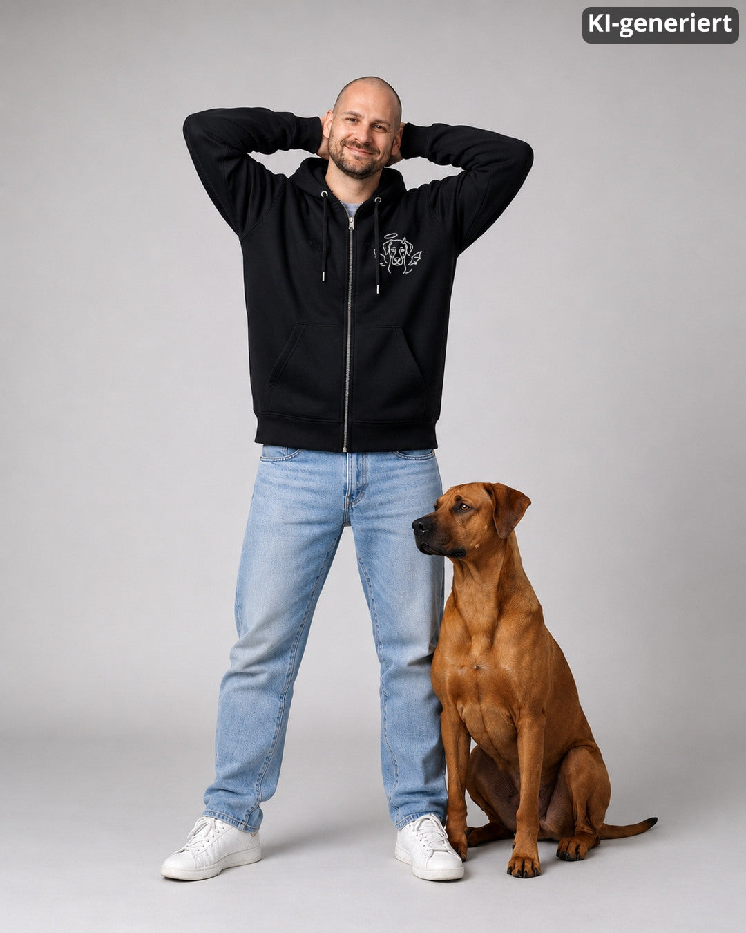 KI-generiertes Modelbild: Mann in schwarzem Zip-Hoodie mit kleinem Engelchen-Teufelchen-Hundemotiv, daneben ein sitzender Ridgeback im Studio.