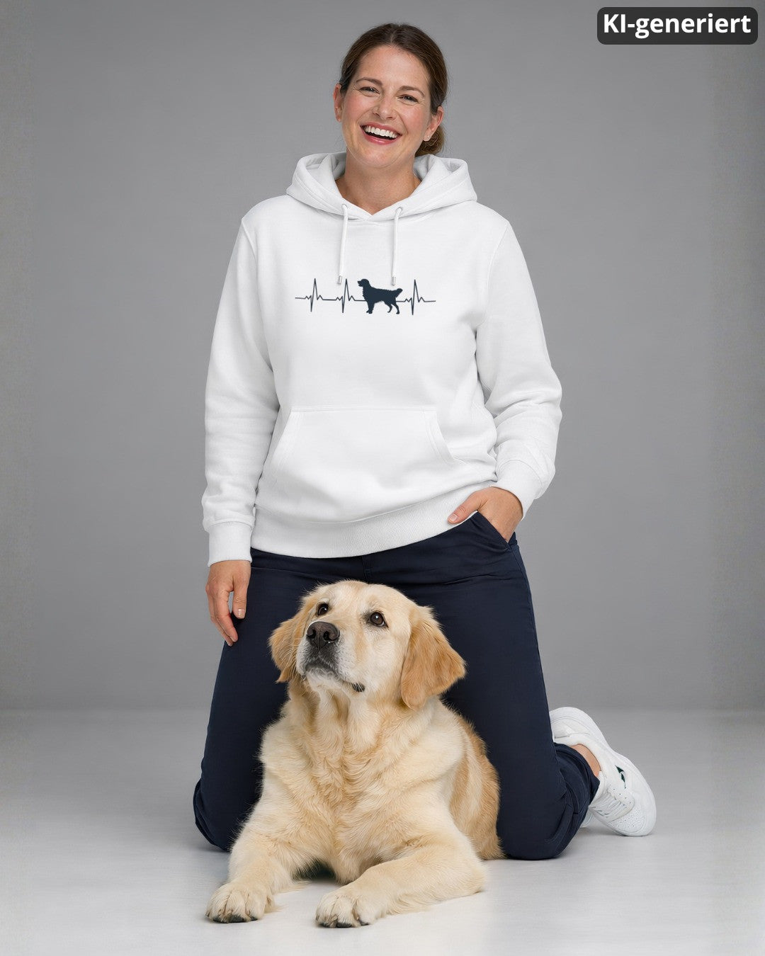 KI-generiertes Modelbild: Frau trägt weißen Hoodie mit Golden-Retriever-Herzschlagmotiv und kniet hinter einem Golden Retriever.