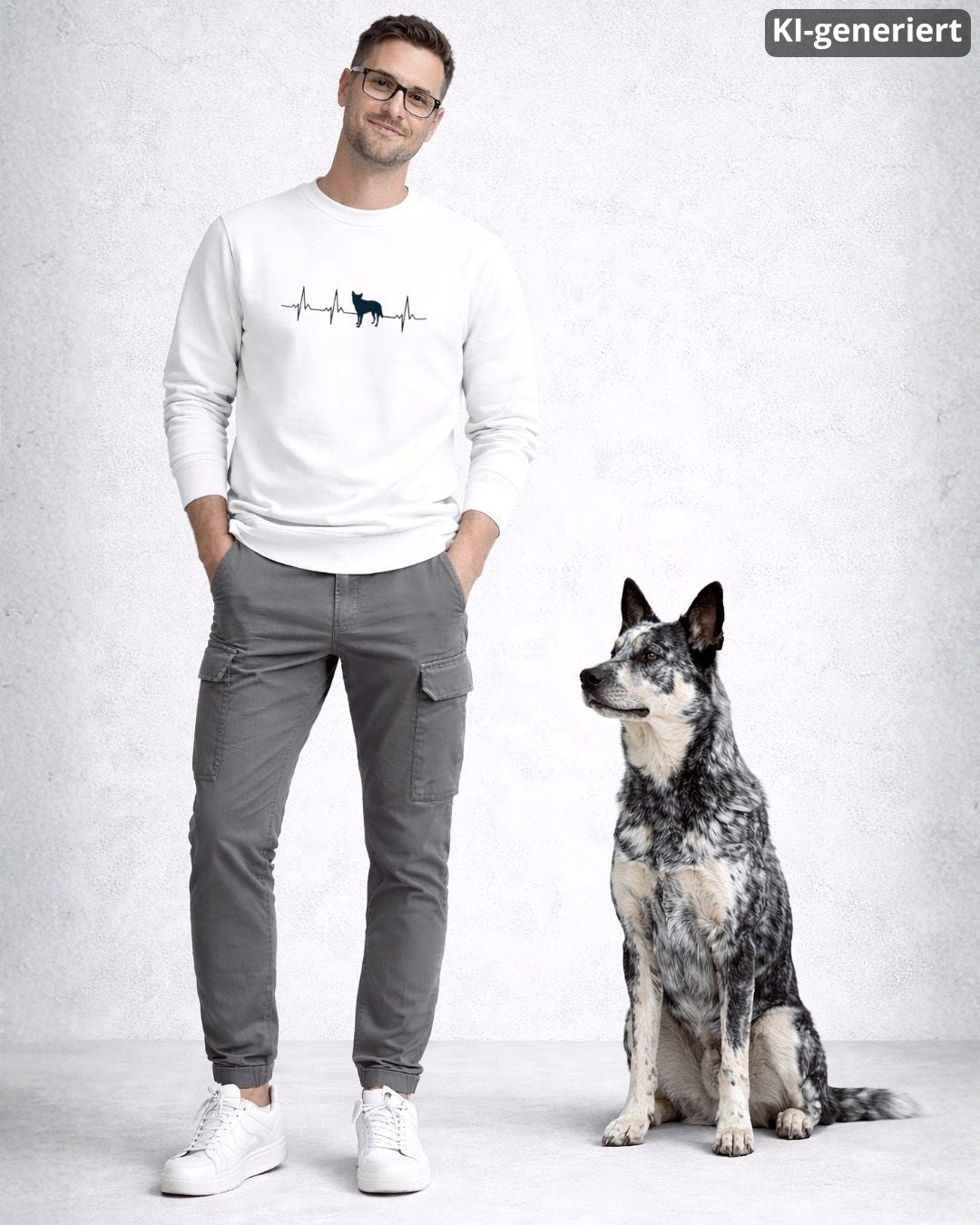 KI-generiertes Modelbild: Mann trägt weißen Sweater mit Australian-Cattle-Dog-Herzschlagmotiv und steht neben einem Australian Cattle Dog.