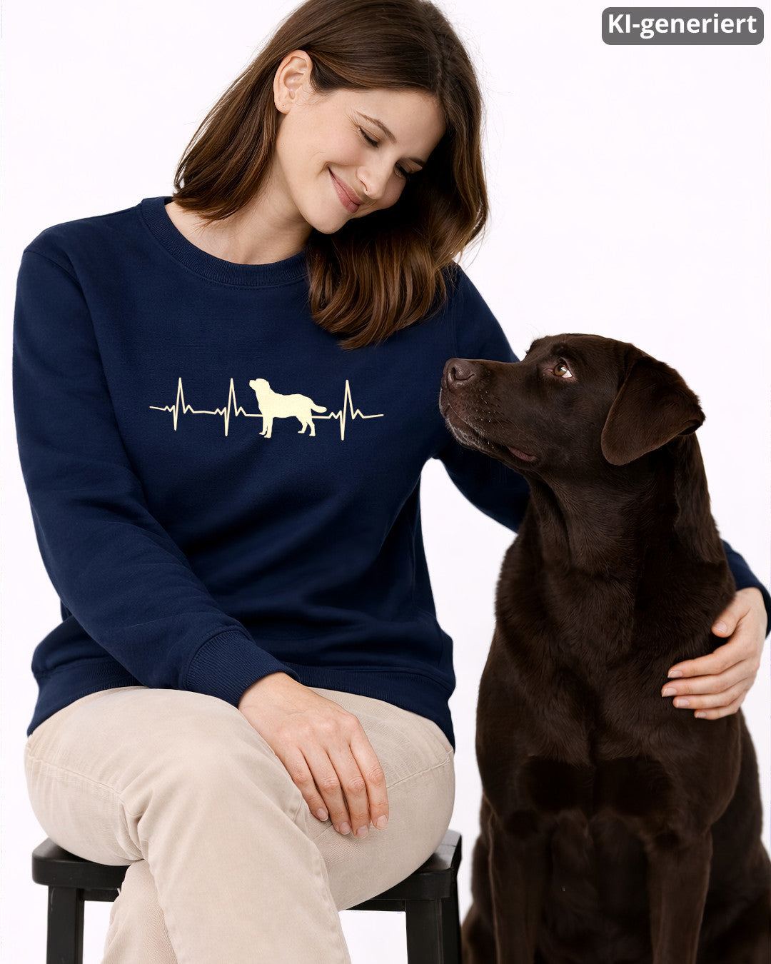 KI-generiertes Modelbild: Frau trägt dunkelblauen Sweater mit Labrador-Herzschlagmotiv und sitzt neben einem braunen Labrador.