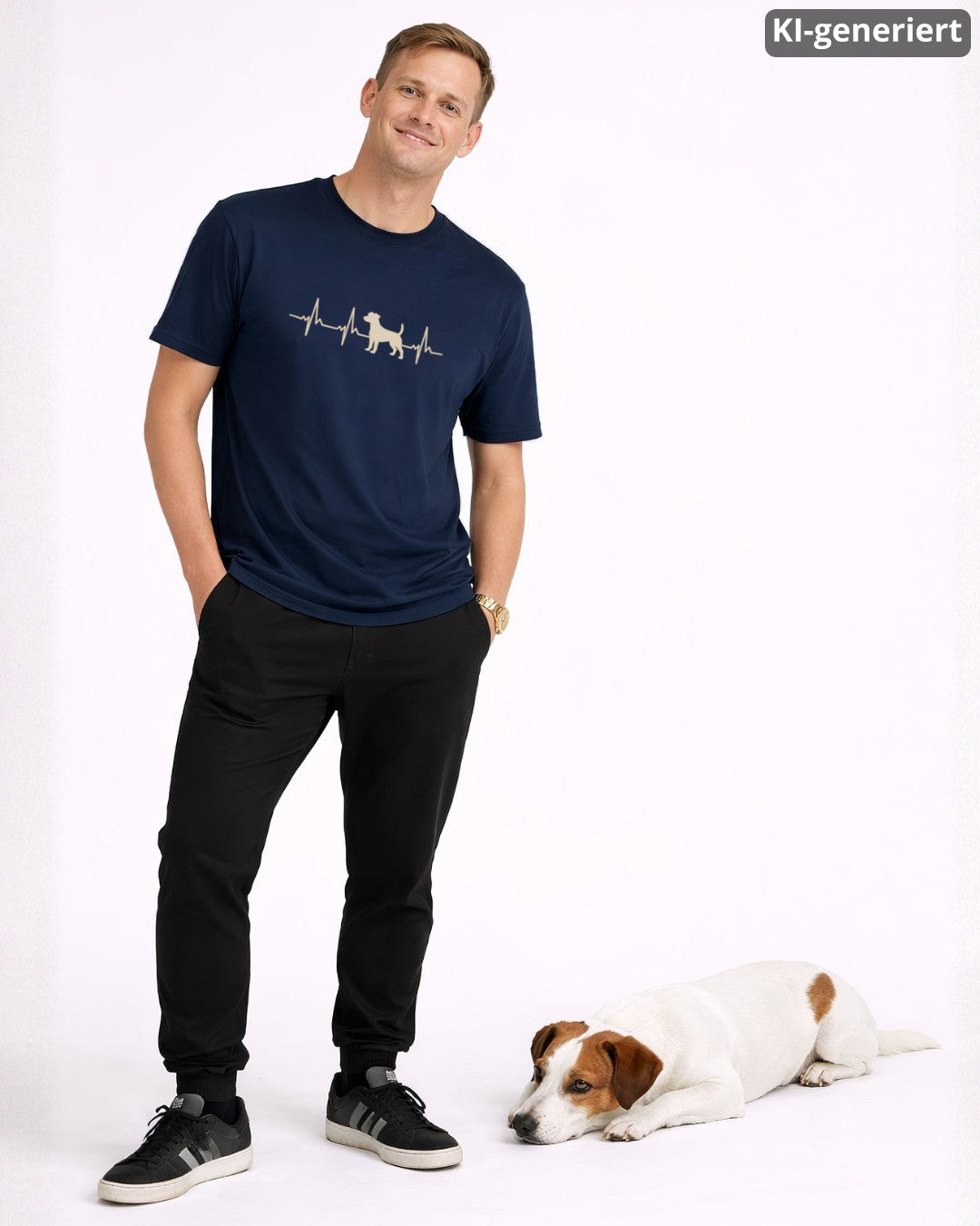 KI-generiertes Modelbild: Mann trägt Shirt in der Farbe "French Navy" mit Jack-Russell-Herzschlagmotiv neben einem liegenden Jack Russell.