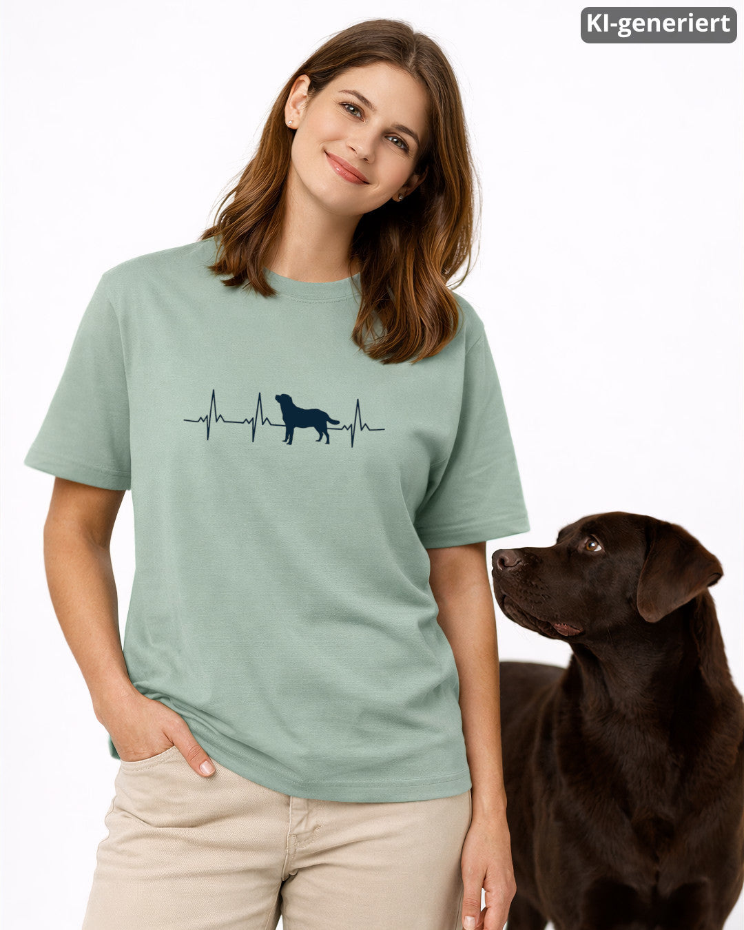 KI-generiertes Modelbild: Frau trägt Shirt in Aloe mit Labrador-Herzschlagmotiv und steht neben einem braunen Labrador.