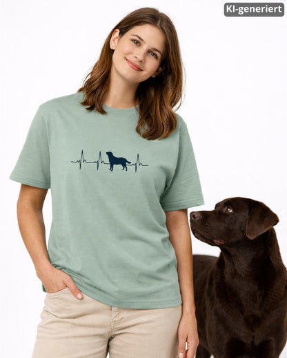 KI-generiertes Modelbild: Frau trägt Shirt in Aloe mit Labrador-Herzschlagmotiv und steht neben einem braunen Labrador.