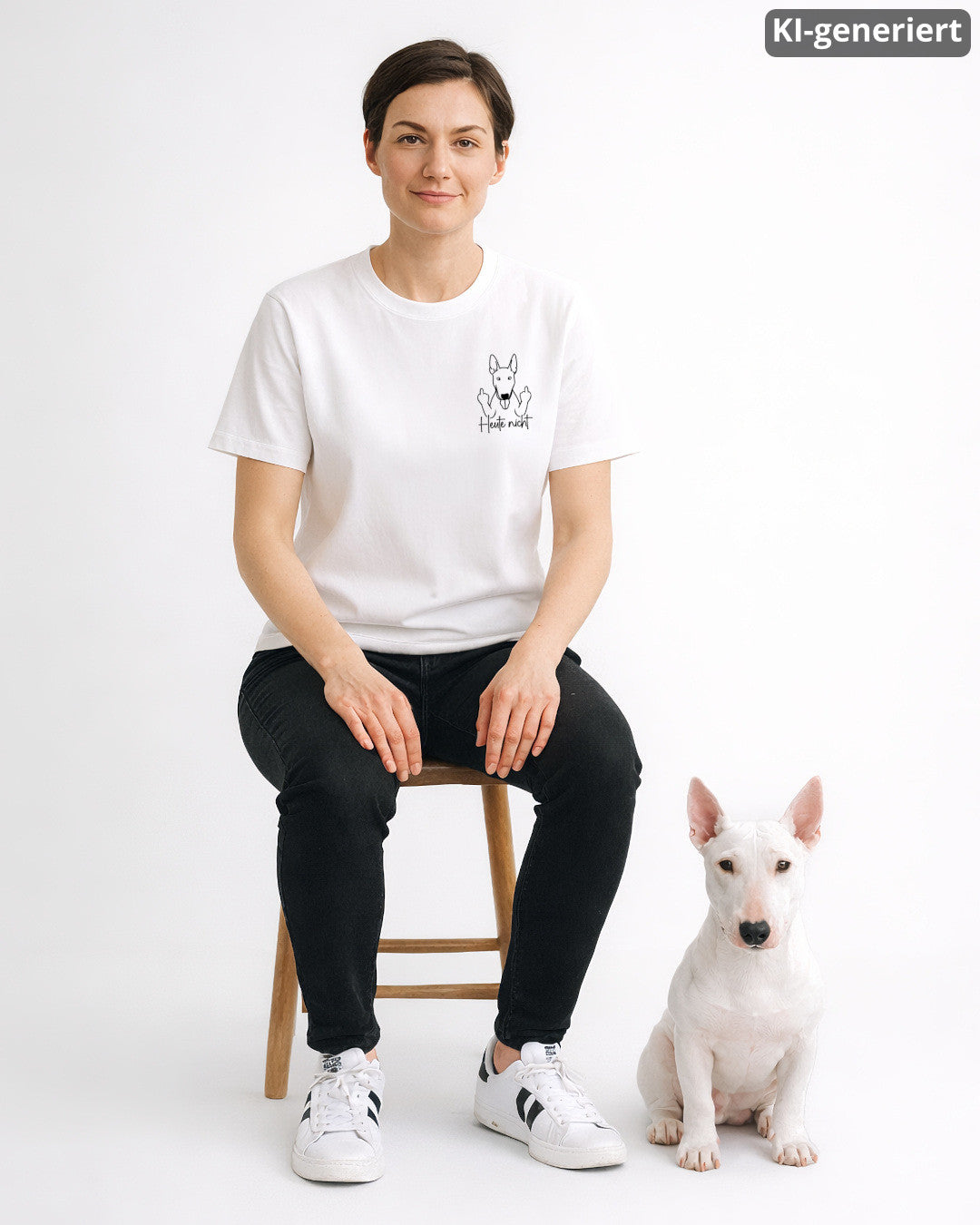 KI-generiertes Modelbild: Frau trägt weißes Shirt mit Bullterrier-Motiv „Heute nicht“ und sitzt neben einem weißen Bullterrier.