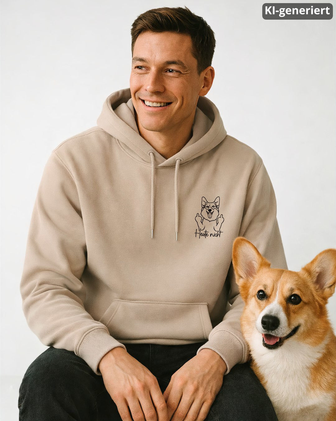 KI-generiertes Modelbild: Mann trägt Hoodie in der Farbe "Desert Dust" mit Corgi-Motiv „Heute nicht“ und sitzt neben einem Corgi.