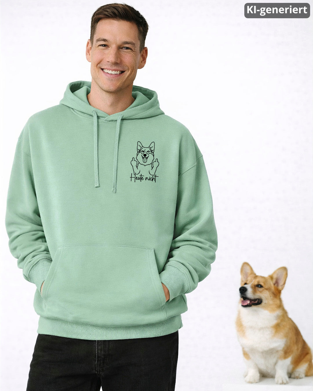 KI-generiertes Modelbild: Mann trägt Hoodie in Misty Jade mit Corgi-Motiv „Heute nicht“, im Hintergrund sitzt ein Corgi.