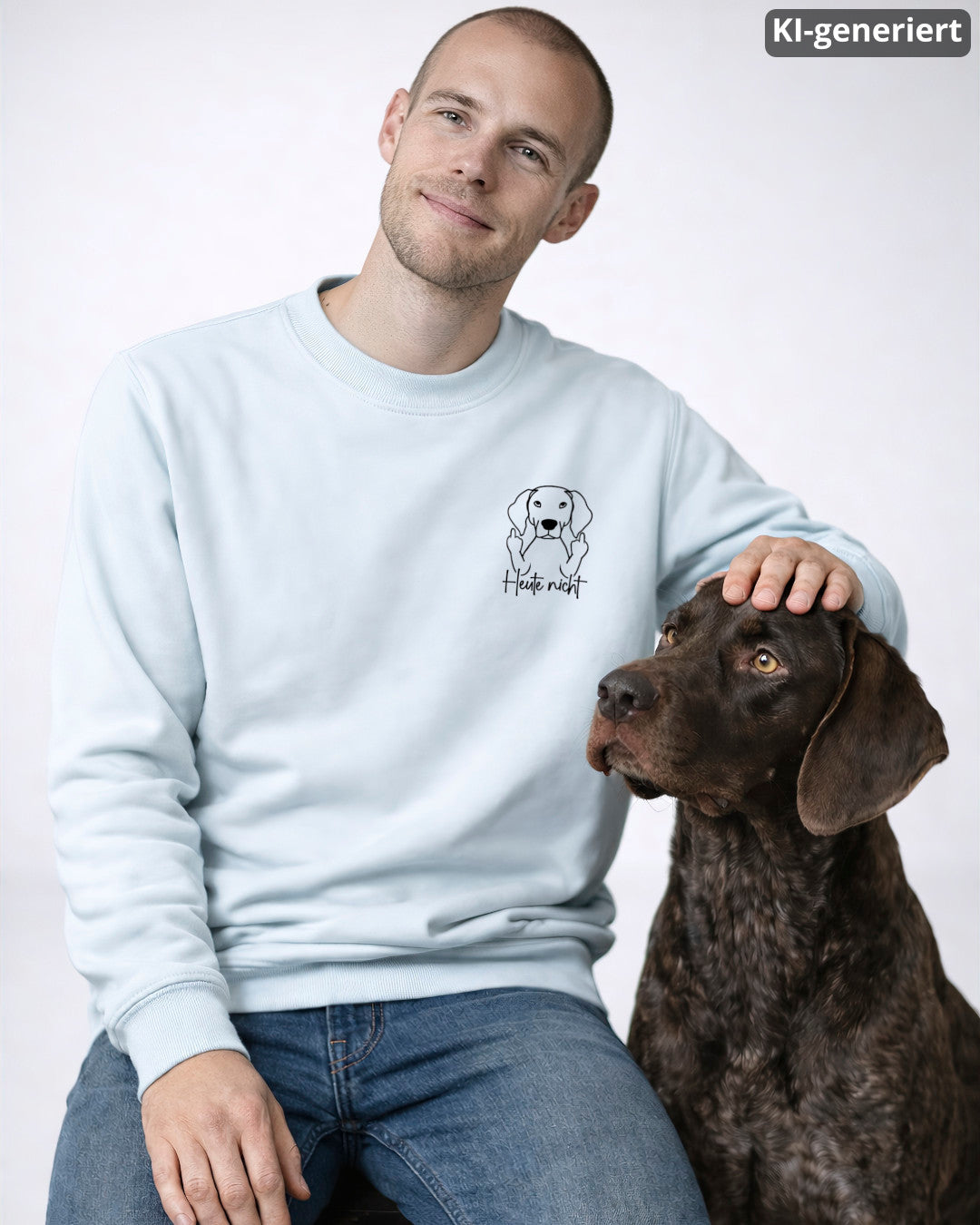 KI-generiertes Modelbild: Mann trägt Sweater in Blue Ice mit Deutsch-Kurzhaar-Motiv „Heute nicht“ neben einem Deutsch Kurzhaar.