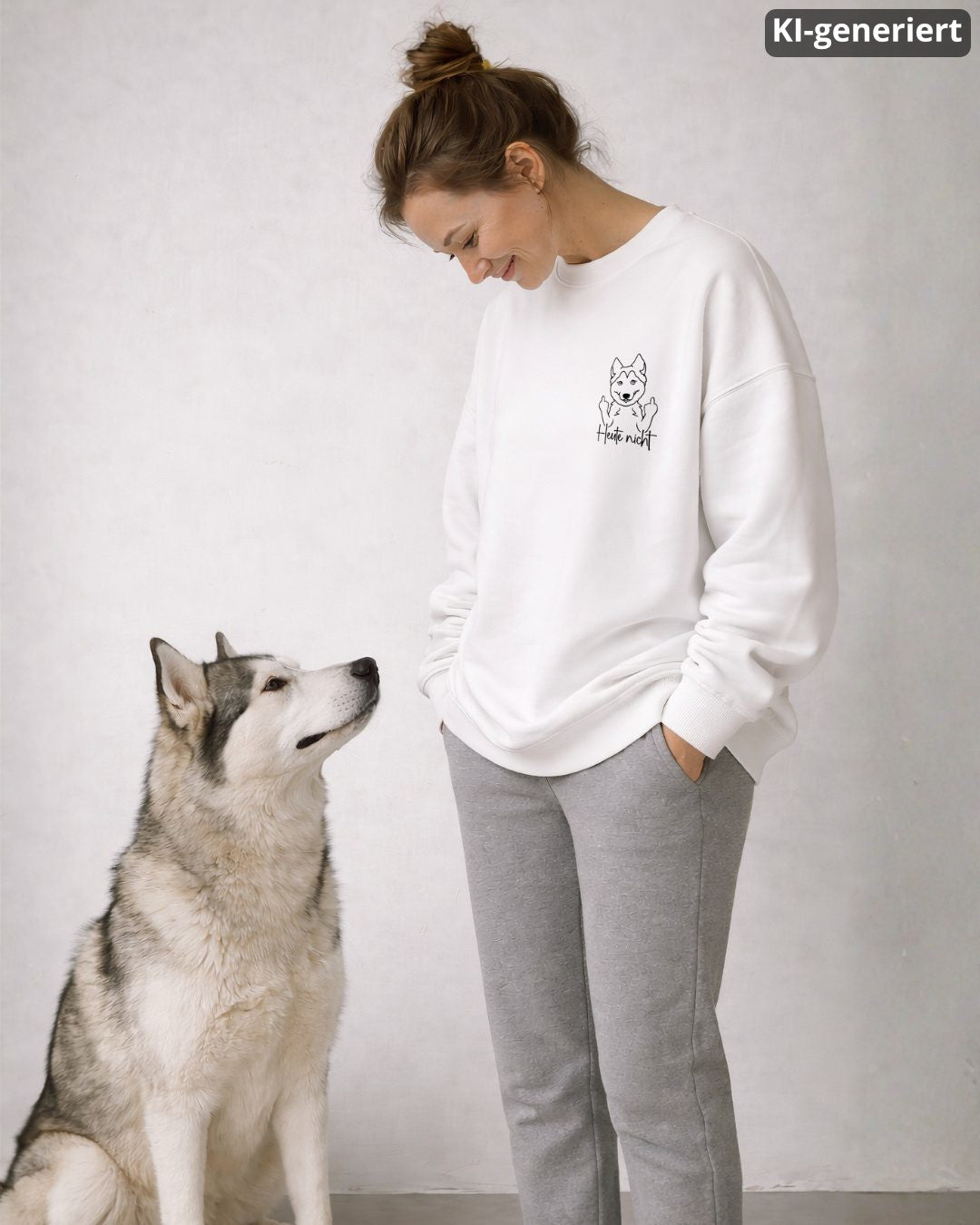 KI-generiertes Modelbild: Frau trägt weißen Sweater mit Husky-Motiv „Heute nicht“ und steht neben einem Husky.