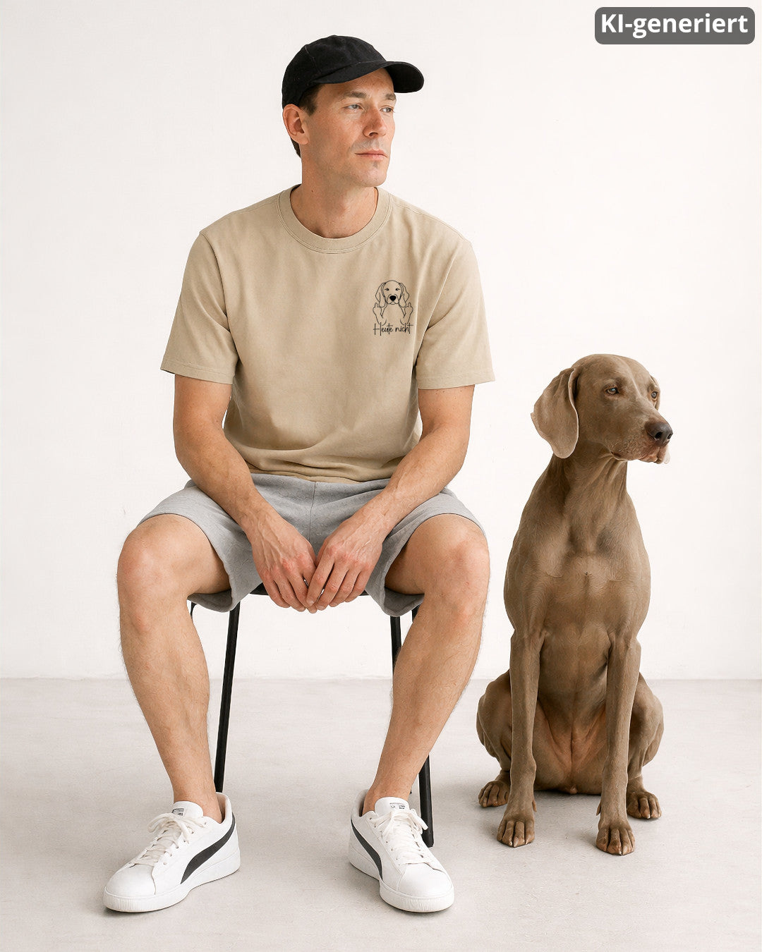 KI-generiertes Modelbild: Mann trägt Shirt in Desert Dust mit Weimaraner-Motiv „Heute nicht“ und sitzt neben einem Weimaraner.