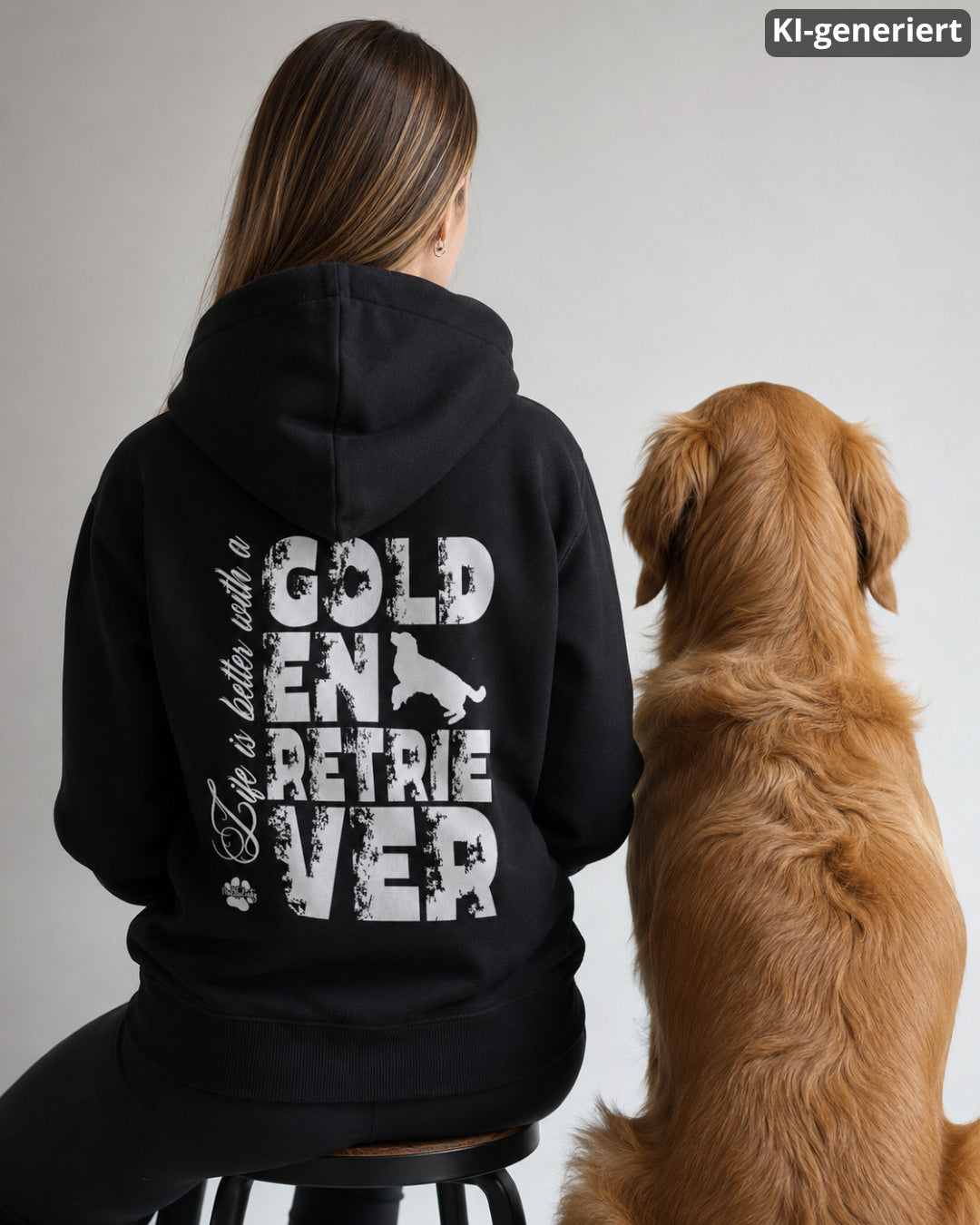 KI-generiertes Modelbild: Frau von hinten trägt schwarzen Hoodie mit Rückenmotiv „Life is better with a Golden Retriever“ und sitzt neben einem Golden Retriever.