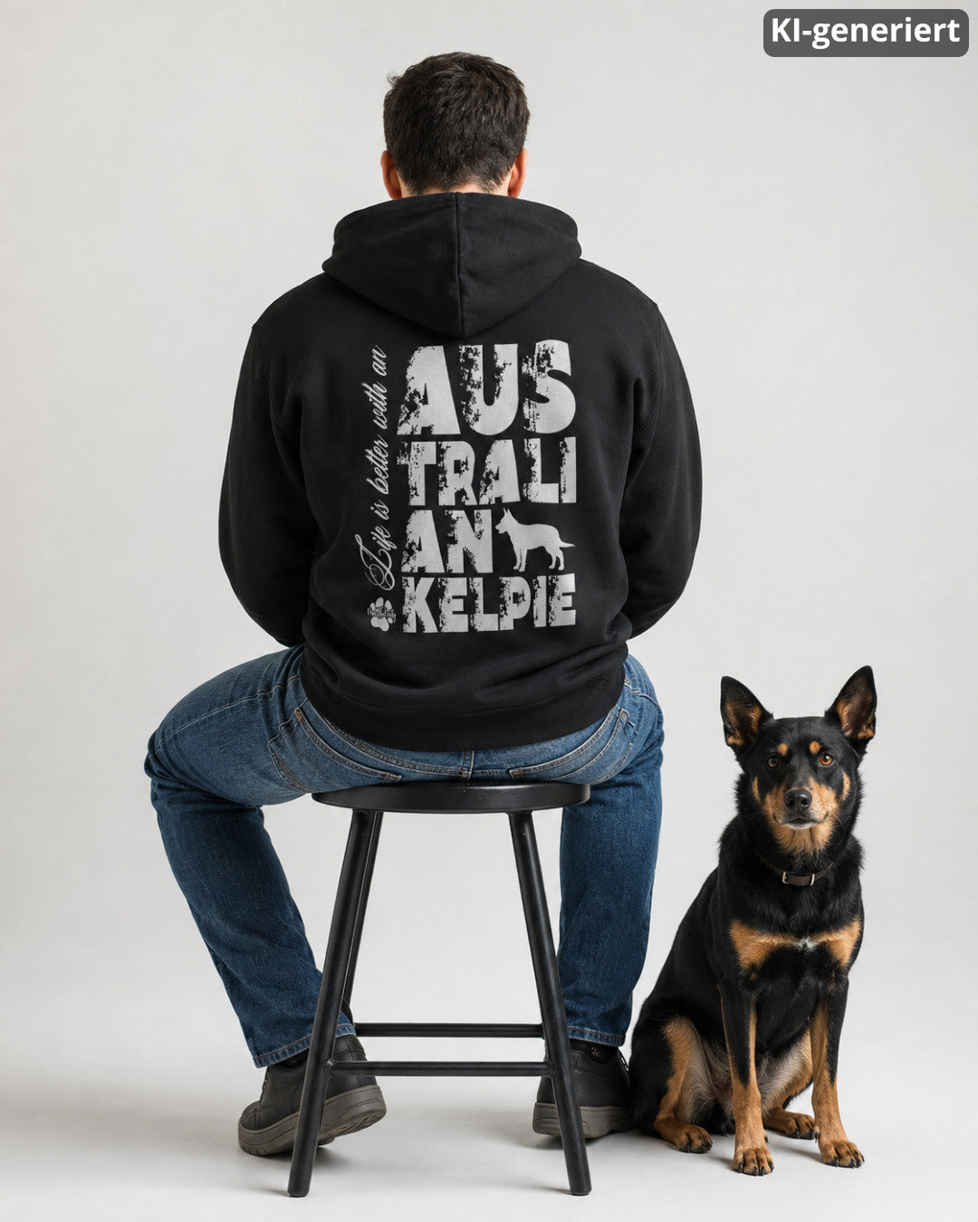 KI-generiertes Modelbild: Mann von hinten trägt schwarzen Hoodie mit Rückenmotiv „Life is better with an Australian Kelpie“ und sitzt neben einem Australian Kelpie.