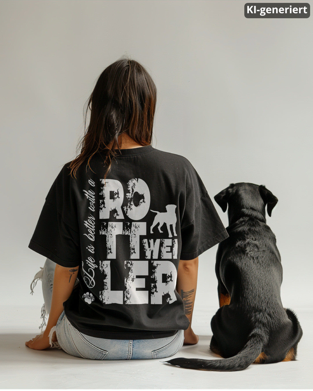 KI-generiertes Modelbild: Frau trägt schwarzes oversized Shirt mit großem „Life is better with a Rottweiler“-Rückendruck und sitzt neben einem Rottweiler.