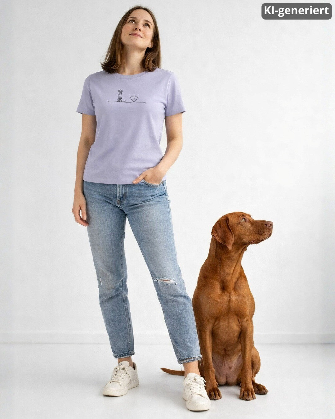 KI-generiertes Modelbild: Frau trägt lavenderfarbenes Shirt mit Vizsla-Linienmotiv mit Herz und steht neben einem Vizsla.