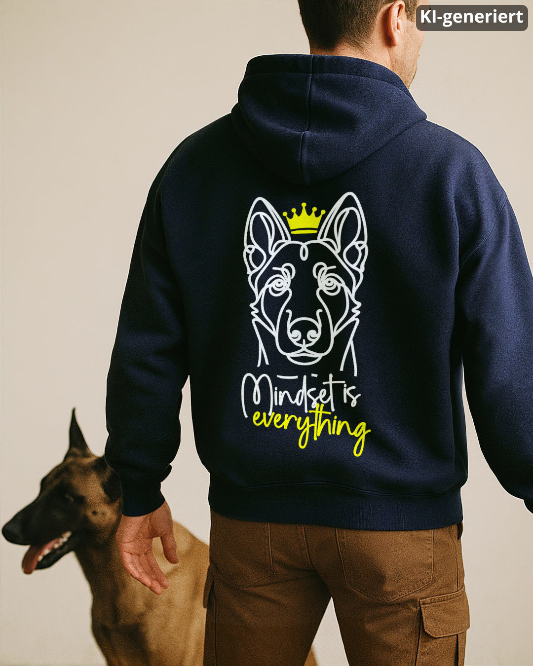 KI-generiertes Modelbild: Mann trägt Hoodie in der Farbe "French Navy" mit „Mindset is everything“-Rückendruck mit Malinois-Kopf und Krone neben einem Malinois.