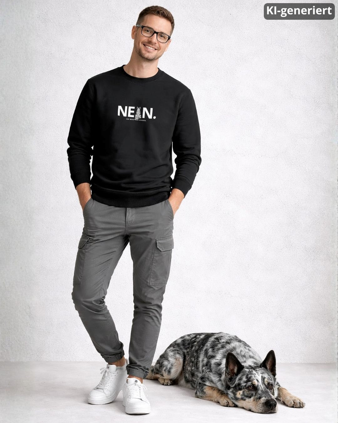 KI-generiertes Modelbild: Mann trägt schwarzen Sweater mit „NEIN. Ich muss gar nichts.“-Motiv und steht neben einem liegenden Australian Cattle Dog.