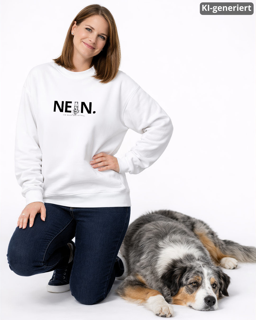 KI-generiertes Modelbild: Frau trägt weißen Sweater mit „NEIN. Ich muss gar nichts.“-Motiv und kniet neben einem liegenden Australian Shepherd.