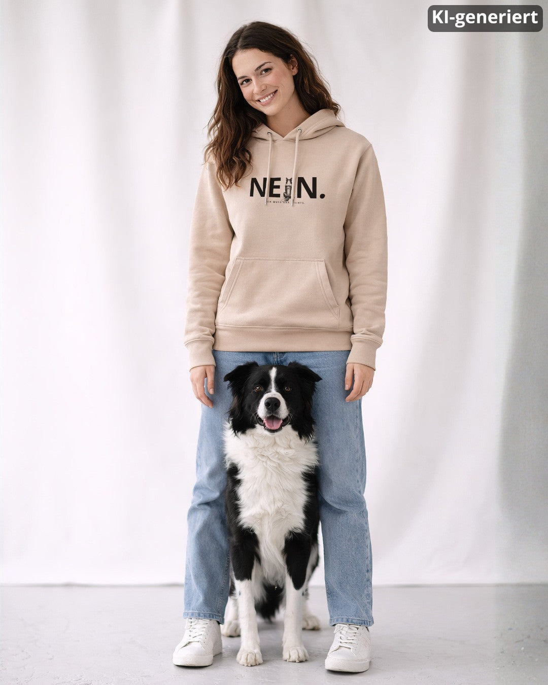 KI-generiertes Modelbild: Frau trägt Hoodie in der Farbe "Desert Dust" mit „NEIN. Ich muss gar nichts.“-Motiv und steht mit einem Border Collie.