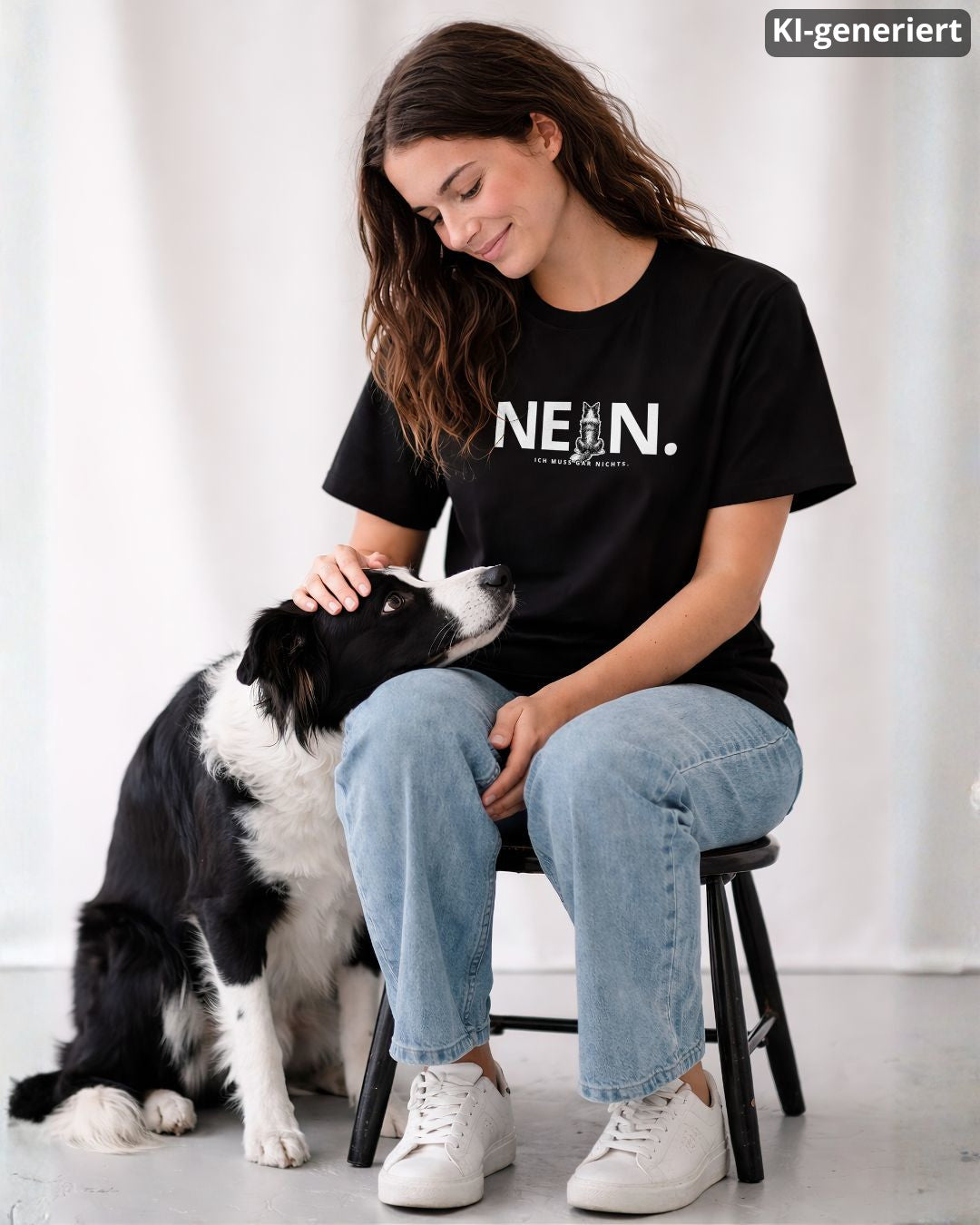 KI-generiertes Modelbild: Frau trägt schwarzes Shirt mit „NEIN. Ich muss gar nichts.“-Motiv und sitzt neben einem Border Collie.